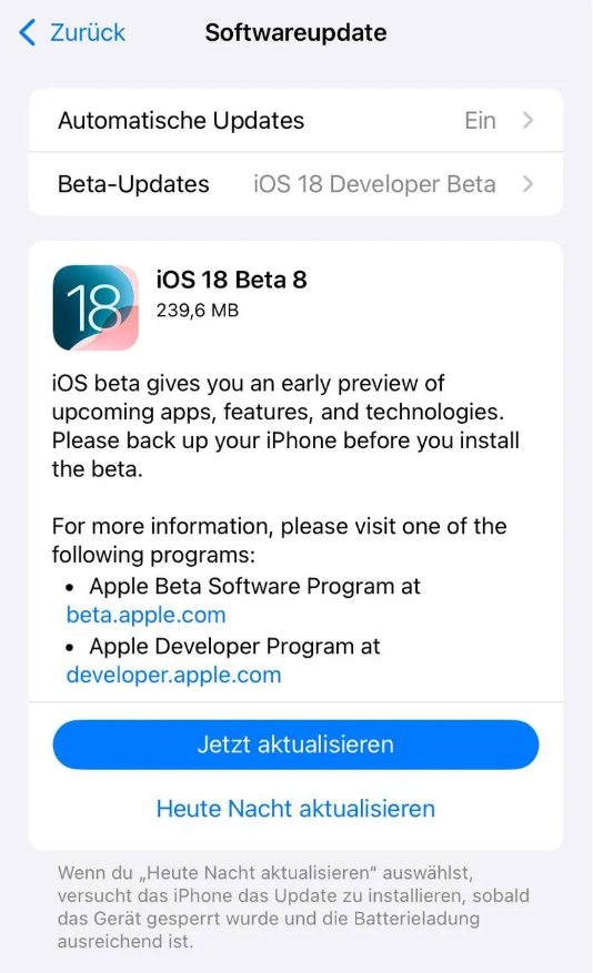 明光苹果手机维修分享苹果 iOS / iPadOS 18 开发者预览版 Beta 8 发布 